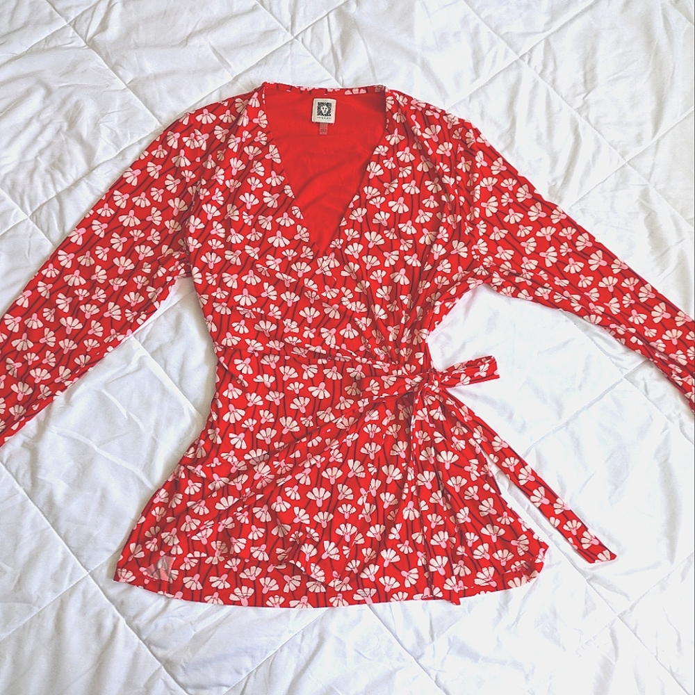 Anne Klein Red and White Wrap Blouse 3/4 Sleeve